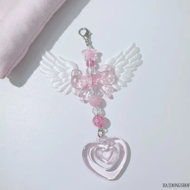 Coquette Grunge Viral Sweet Cool Angel Wing Bow Heart Beaded Chain For Hot Girls, Y2K Cute Photocard Book Camera Bag Charm, Alt Kawaii Accessory For Daily Shopping Concert Kpop Styling