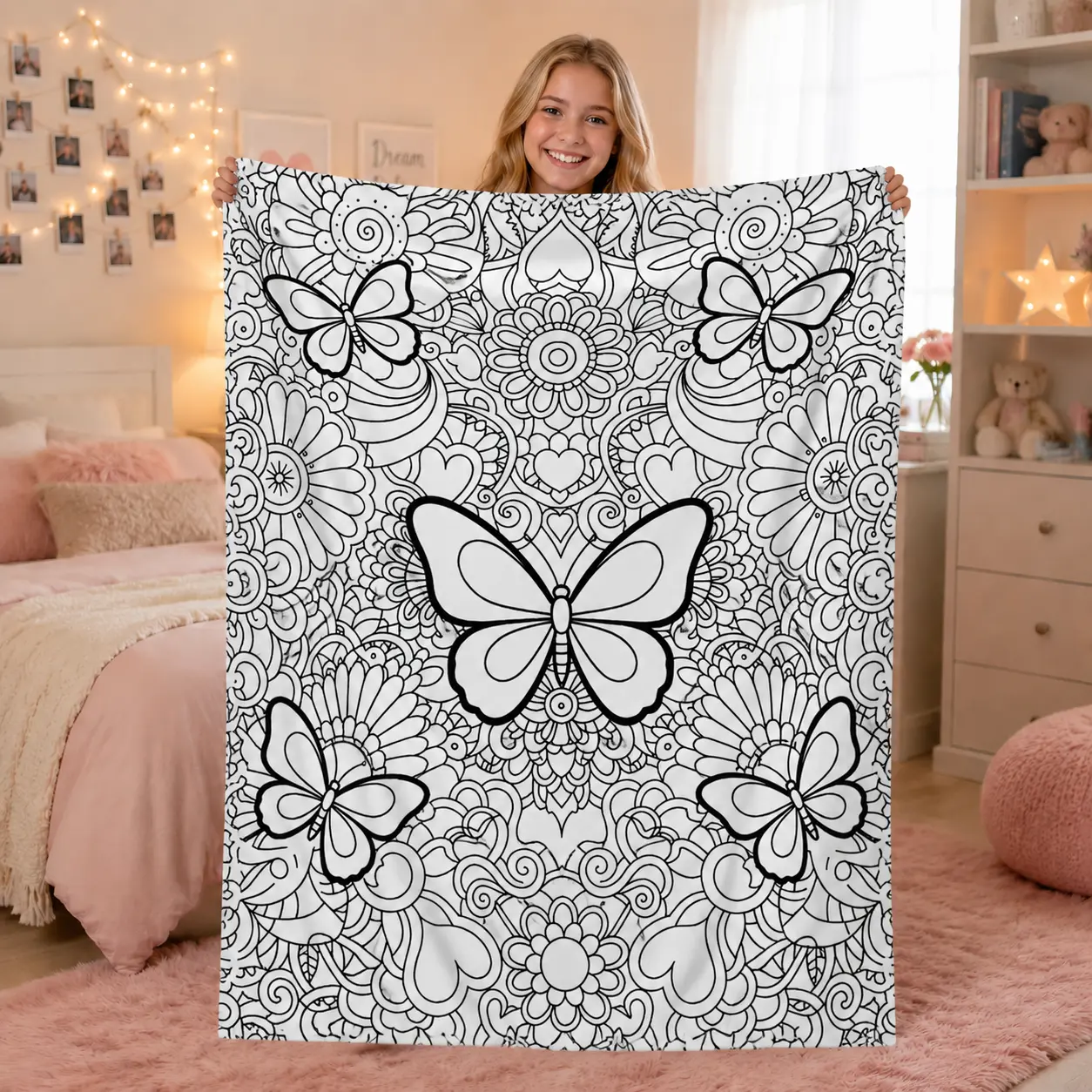 2D Flat Black White Butterfly Floral Line Art Flannel Throw Blanket, Lightweight Portable Digital Print Blanket for Travel Camping Sofa Bed Office, Soft Warm All Season Decor Gift for Butterfly Art Lovers Women