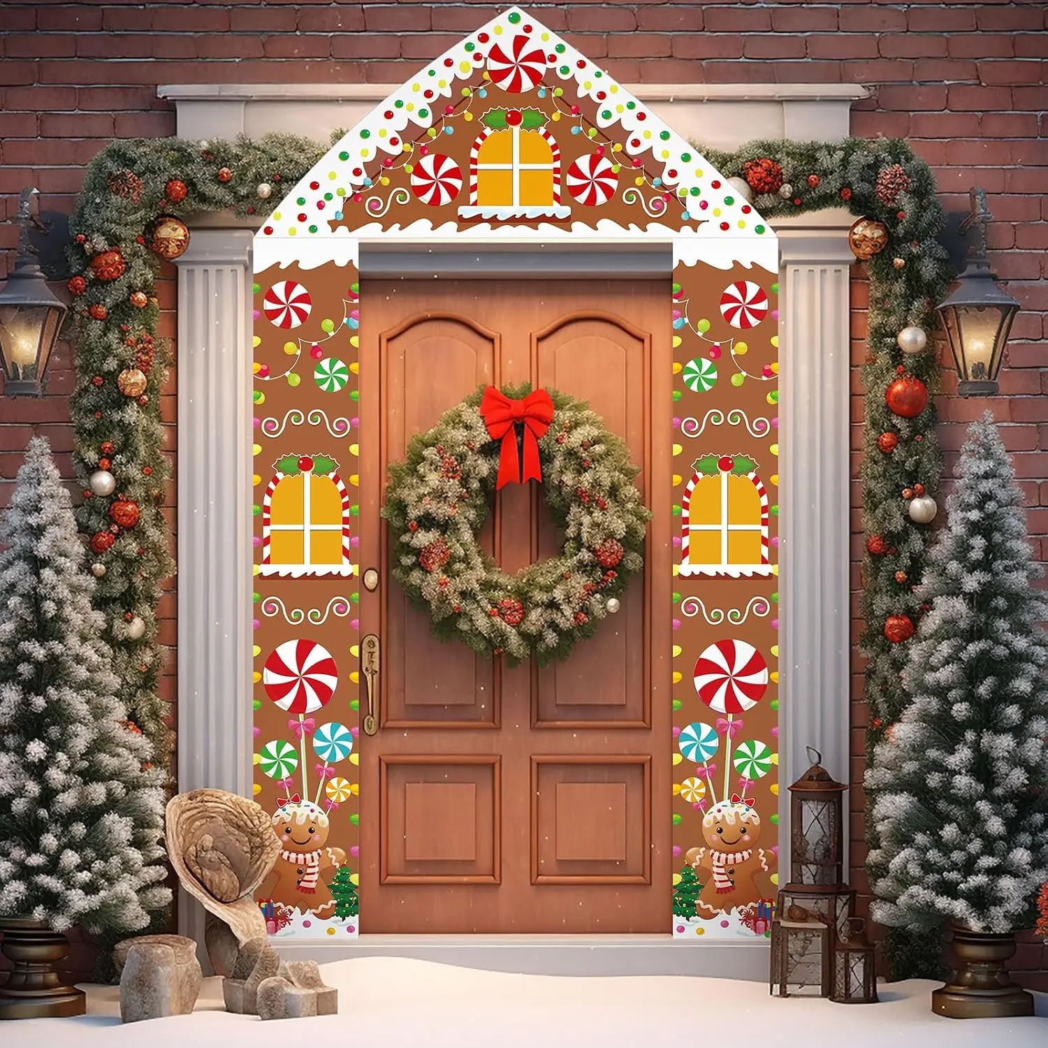 Christmas Ginger Bread House Door Cover Party Decorations Xmas Gingerbread Banner Christmas Porch Sign Outdoor Door Banner for  Classroom Holiday Party Supplies Decor(Classic)