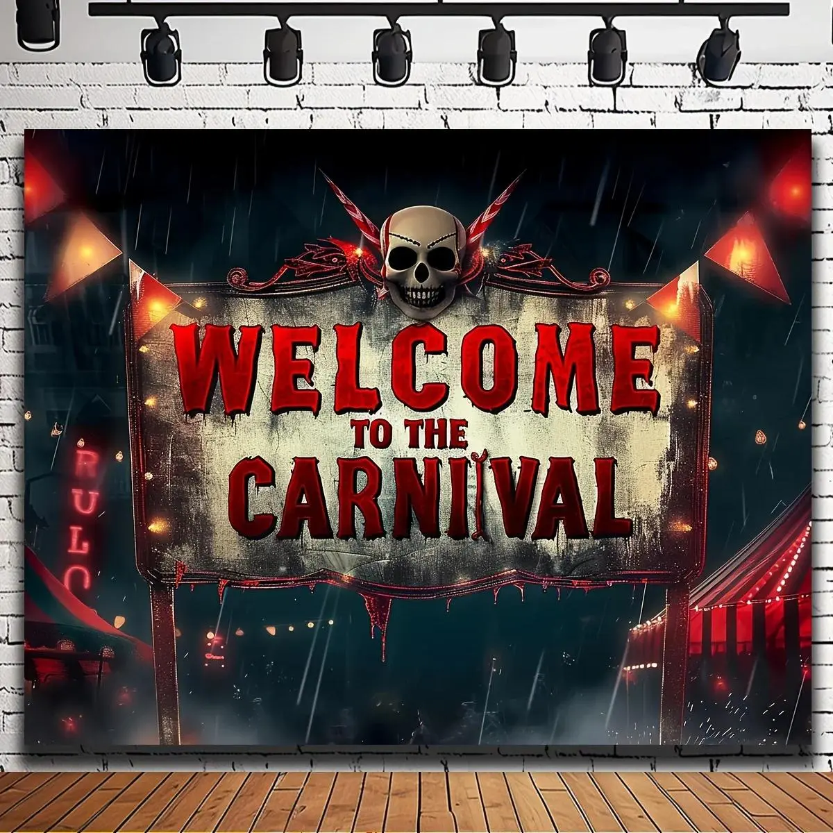 Outdoor Event Decor Circus background, eerie carnival party decoration, horror theme. Welcome to the photo booth, carnival background
