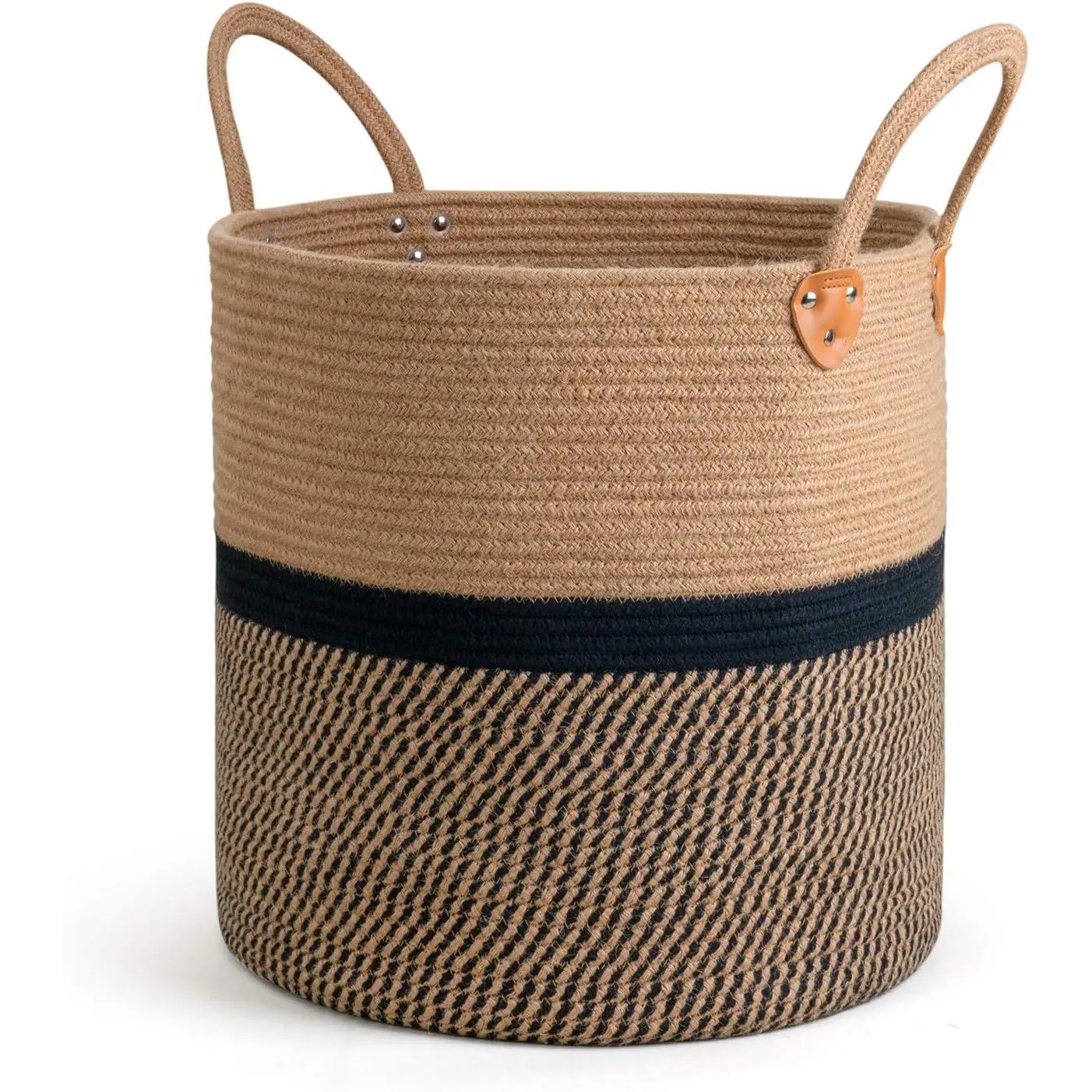 Extra Large Jute Woven Storage Basket with Handles - Laundry Basket for Toys, Towels, Blankets - Home Decor Gift, 16" x 16", Black