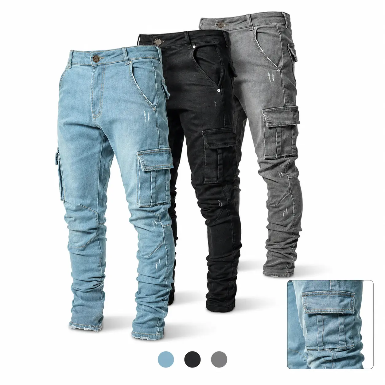 Men's Slim Fit Cargo Jeans, Dark Wash Stretch Denim with Distressed Raw Hem, Ankle Length Casual Streetwear, Menswear, Plain, Casual Fitted Jeans, Cargo Skinny Denim, Pants