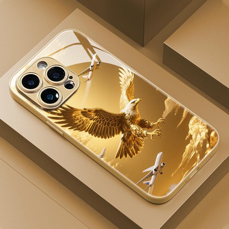 Super Cool Eagle Aircraft Gold Pattern Mobile Phone Case Suitable for iPhone 16ProMax-11ProMax, high definition glass protective case, fashionable design, durable material, shockproof protective case, technology enthusiasts, iPhone users iphone