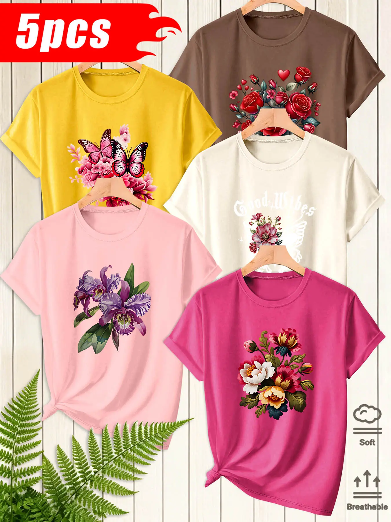 5Pcs Women Crew Neck T‑Shirts, Flower & Butterfly Art Printed Patterns, Multiple Colors Available, Machine Washable Spring Summer Tops, Soft Skin‑Friendly Fabric, Daily Versatile Wear, Fashion Design Short Sleeve Tees