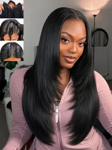 Glueless U Part Layered Straight Wig, Light Yaki Heat Resistant, Long Synthetic Half Wig, Clip in Hair, 24inch, Daily Use