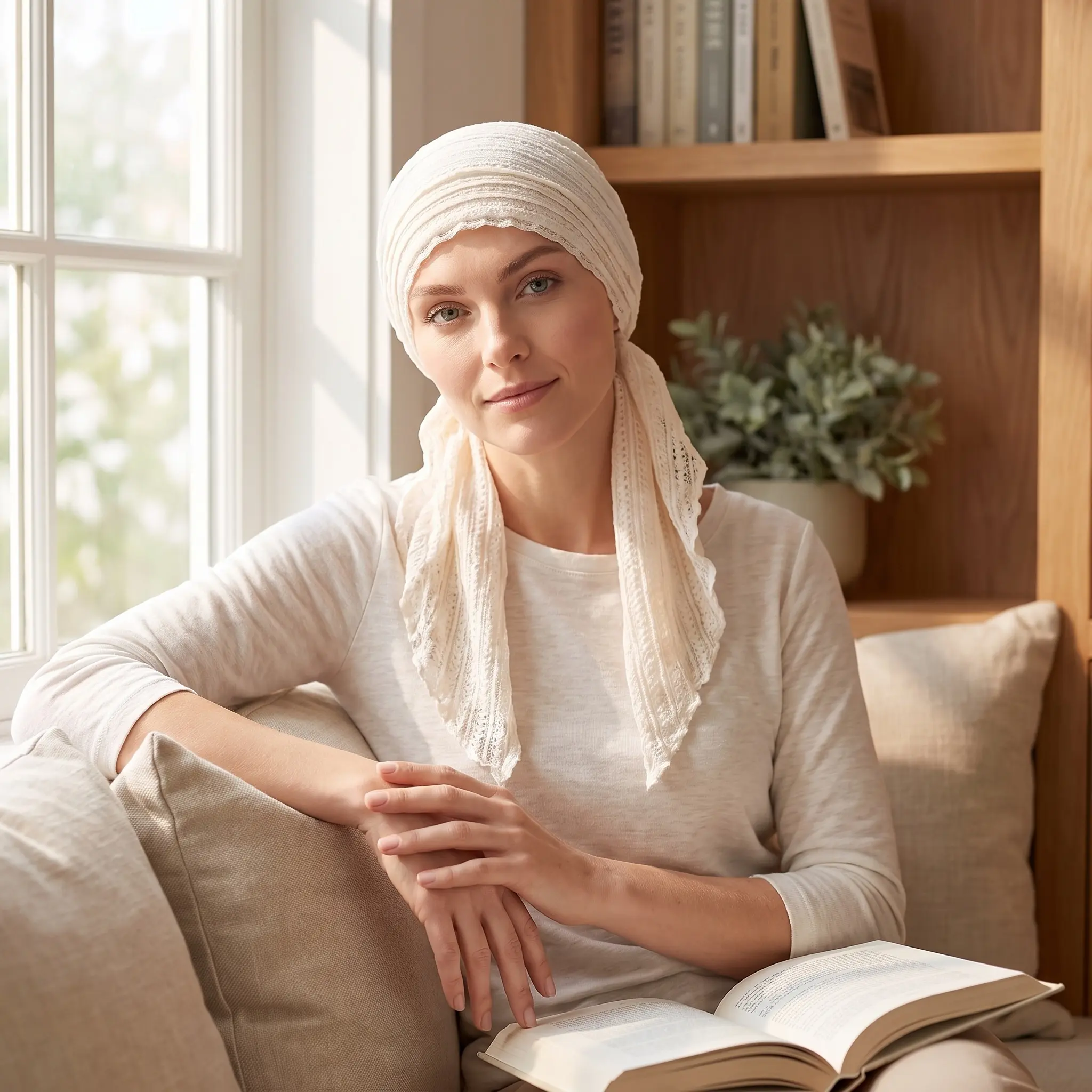 A soft, stretchy chemo cap designed for women experiencing hair loss—a pre-tied headscarf that is a comfortable everyday essential, suitable for sensitive scalps.