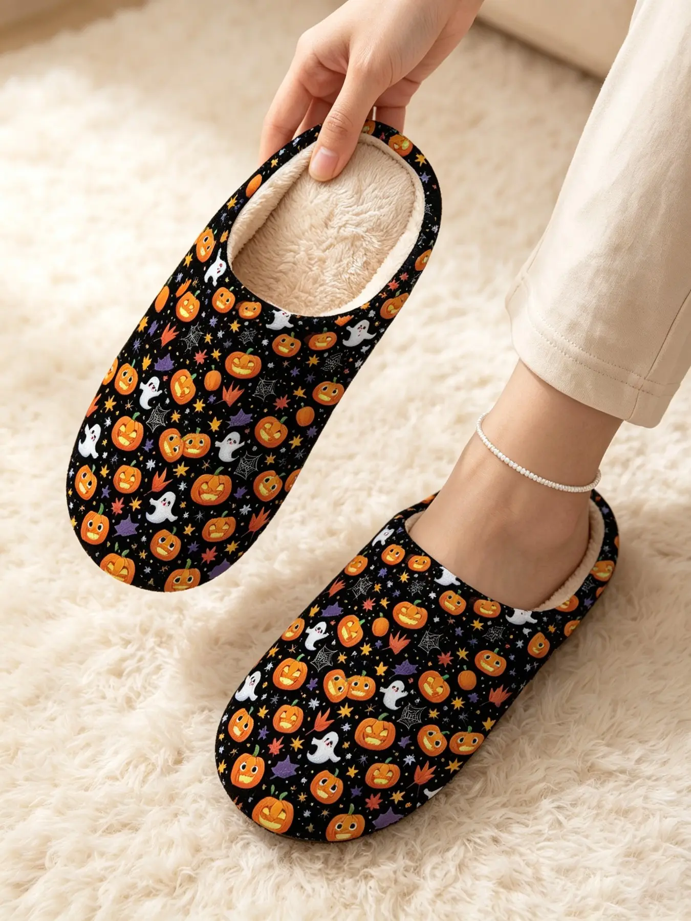 Women's Halloween Slippers, Witch Skull Pumpkin Ghost Print, Soft Plush Warm Toe Cover, Comfortable Indoor Shoes, All Seasons