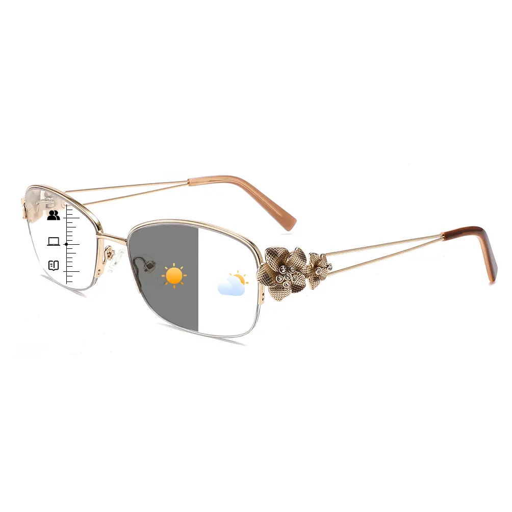 Photochromic Progressive Multifocal Reading Glasses for Women, Stylish Metal Half Frame Blue Light Blocking Sunglasses