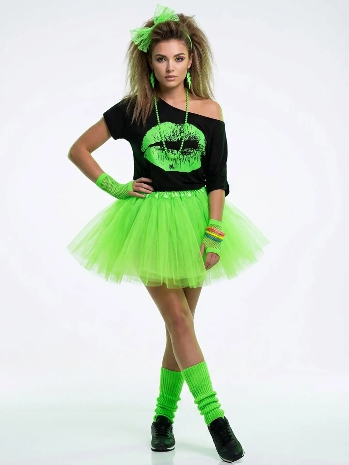 1980s Retro Shoulder T-shirt Tutu Skirt Set, Party Dance Performance Clothing Including Neck Chain, Earrings, Bracelets, Foot Cover, Full Set