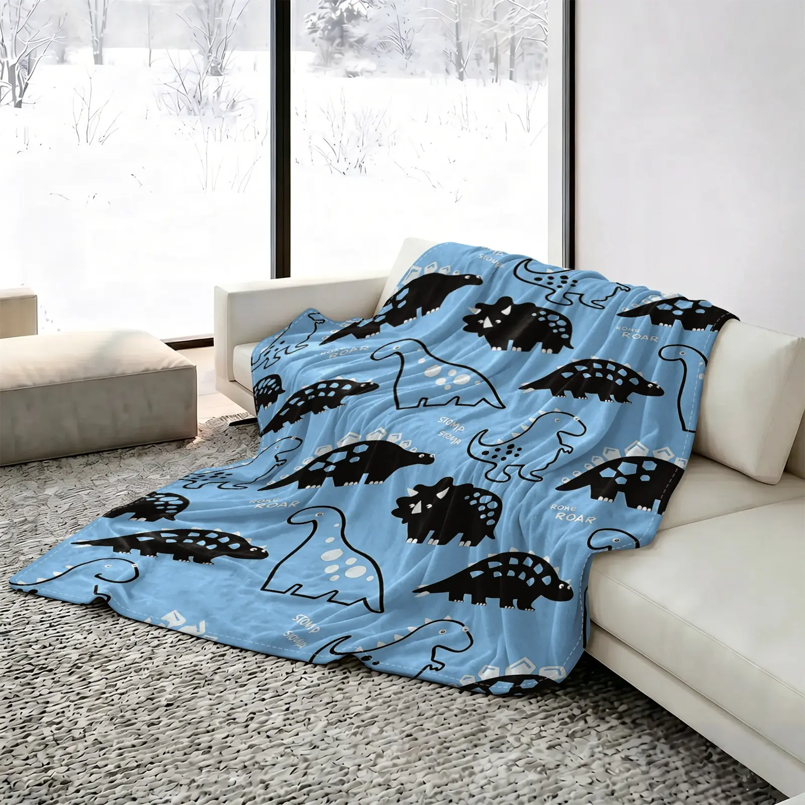 Light Blue Cartoon Dinosaur Silhouette Cooling Blanket, Arc-Chill Icy Touch Summer Throw for Hot Sleepers, Lightweight Multi-Functional Sofa Bed Cover, Kids Dino Summer Vibes Decor for Sofa Office Nap Travel Camping, Ideal Boys Gift