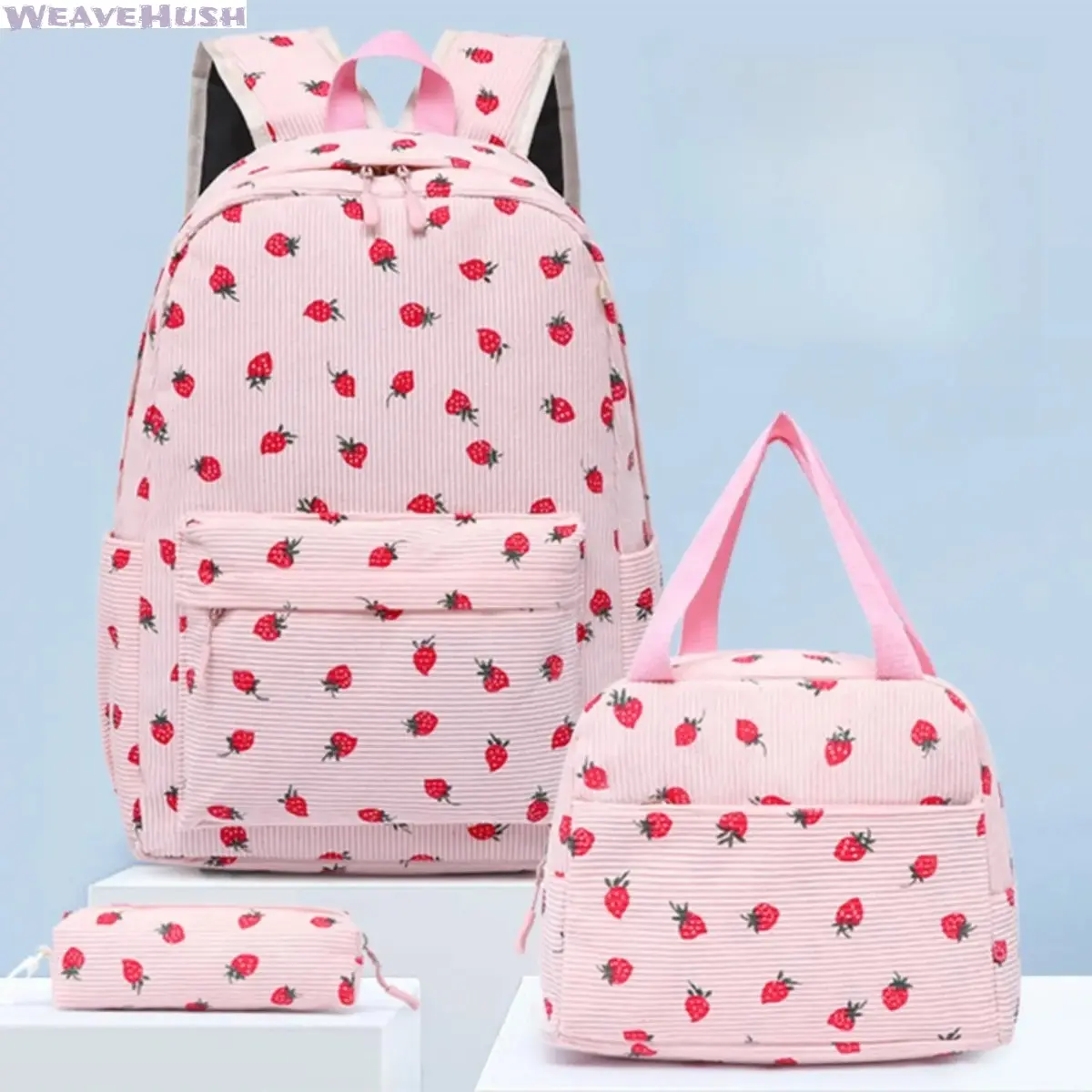 Kids Backpack 3-in-1 Set, Sweet Kawaii Corduroy School Bookbag with Lunchbox & Pencil Case, Large Capacity Bag for Students 9-10 Years, Backpacks For School, School Backpacks