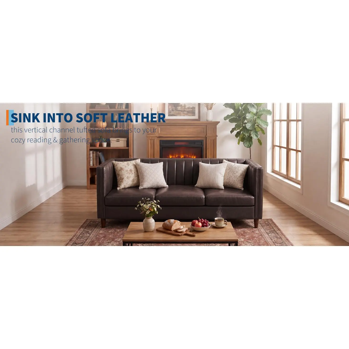 81" Mid-Century Modern Chesterfield Sofa Couch, 3-Seater Leather Living Room Sofa with Deep Seat & Armrests, Easy Assembly - Color: Black/Brown/Cognac Tan