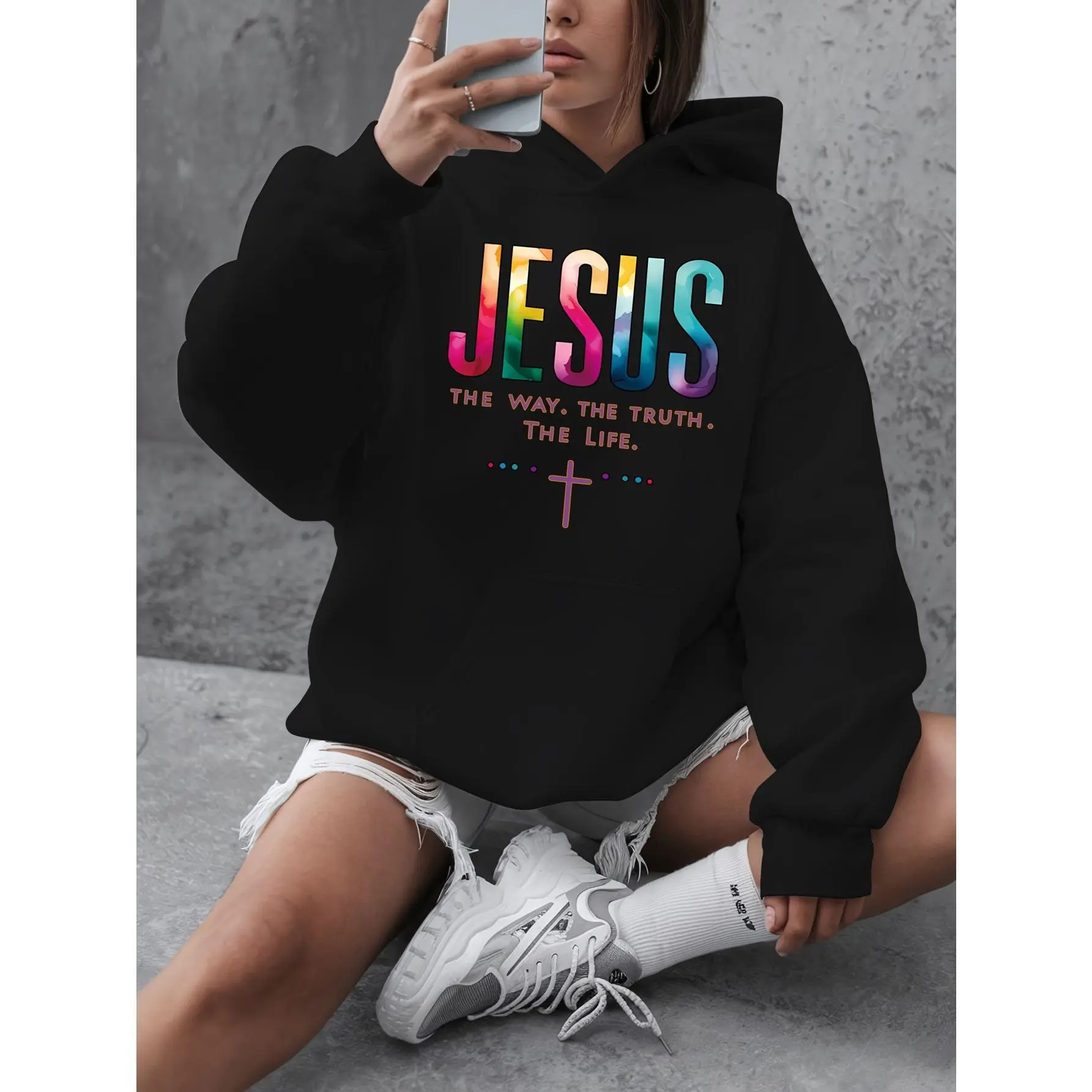Inspirational JESUS Graphic Hoodie - Colorful Gradient Print 'THE WAY.THE TRUTH.THE LIFE.'Design - Stylish Oversized Casual Sweatshirt for Everyday Wear - Ideal Gift for Faith, Spirituality, and Lifestyle Enthusiasts