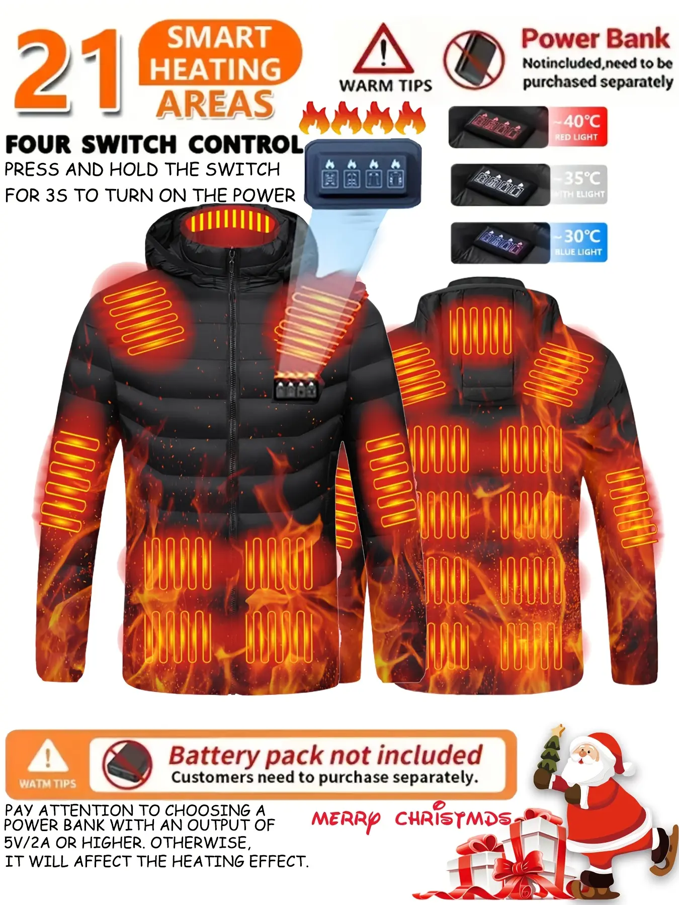 Unisex Heated Hooded Jacket, 21 Heating Zones, USB Electric Outerwear, Adjustable Temperature, Winter Warm Coat for Skiing, Camping, Hiking