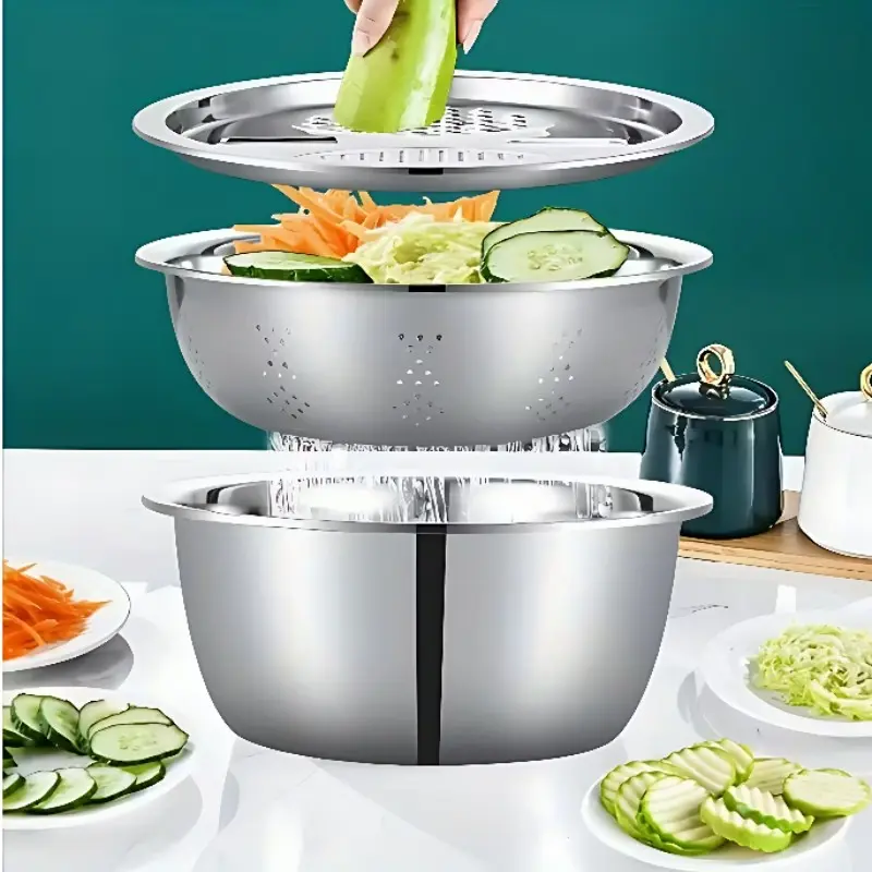 A 3-piece stainless steel straining basin set, Kitchenware Stainless Steel, including a solid basin, a draining basin. This straining basin is a tool for processing fruits and vegetables, capable of both straining and slicing.