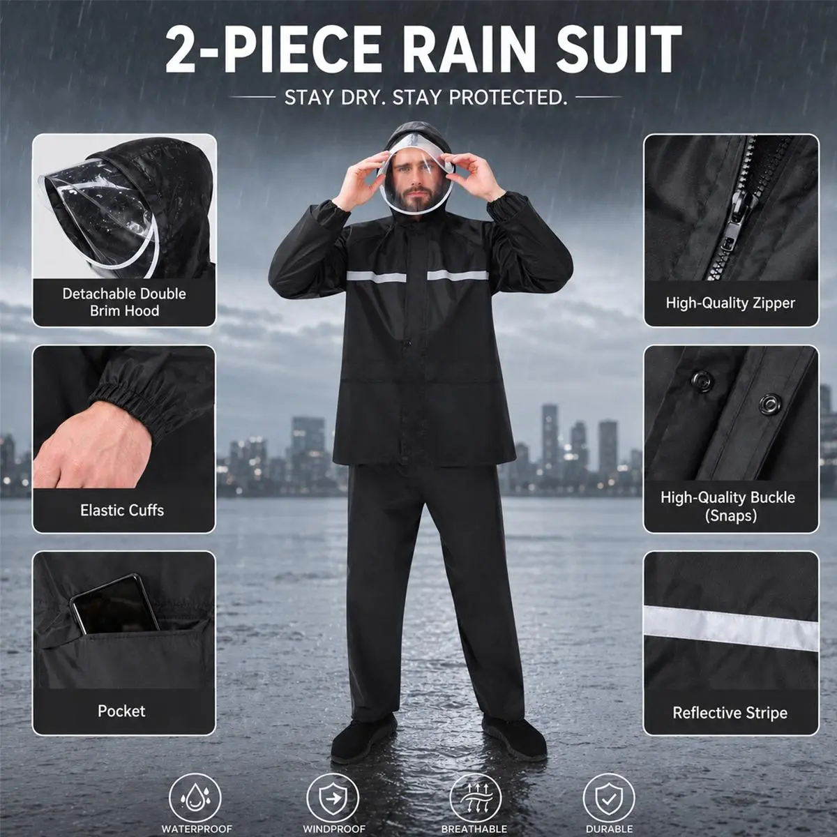 Waterproof Rain Suit for Men Women-Lightweight,Breathable Jacket and Pants Set, Breathable Lining & Reflective Strips,Windbreaker raincoat,Rain poncho,Rain poncho,Outdoor hiking raincoat,hooded rain ponchofor Hiking,Cycling,Camping, Fishing Windproof