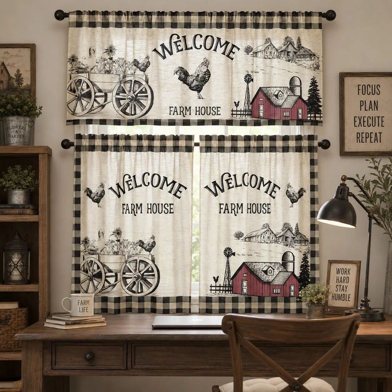 SoftHaven 4-Piece Farmhouse Window Curtain Set - Made in USA, Rustic Western Farm Barn Rooster/Carriage/Windmill Line Art, Premium Polyester, Blue-and-White Striped, Small Window Decor for Kitchen, Window Curtains, Farmhouse Curtains