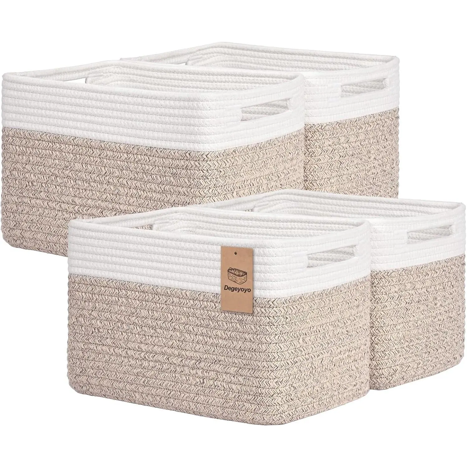 Storage Baskets for Organizing, 4 Pack Baskets for Shelves, Decorative Storage Bins for Shelves, Cotton Rope Storage Basket with Handles, Woven Basket for Storage, 13''Lx8.7''Wx7.9''H, White & Brown