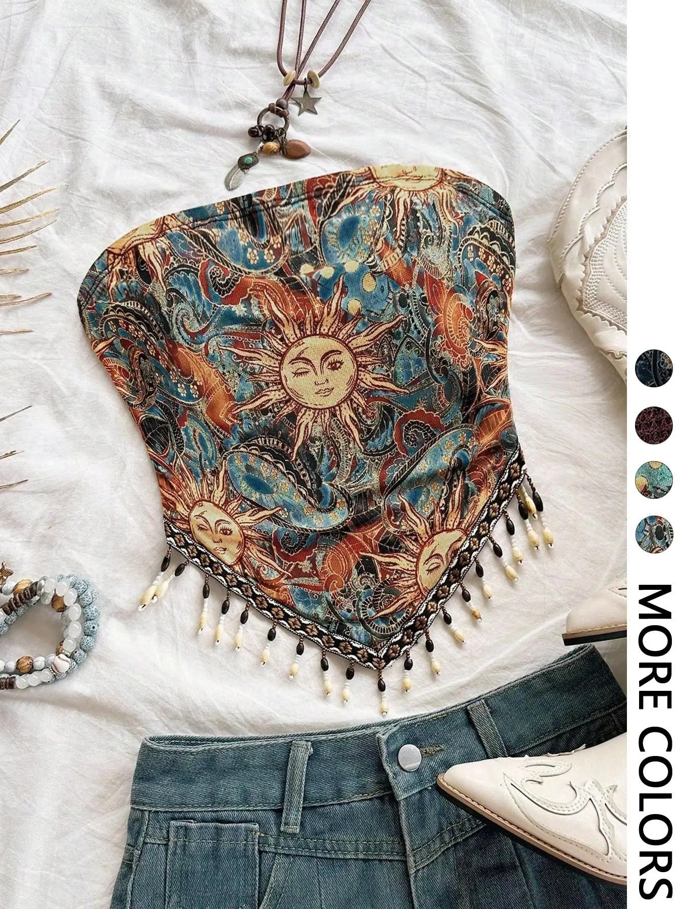 Women's Strapless Bohemian Celestial Sun Paisley Print Tube Top, Boho Handkerchief Hem Beaded Fringe Bandeau Crop Top for Summer Vacation, Festival, Beach Travel, Concert and Casual Outfits,y2k