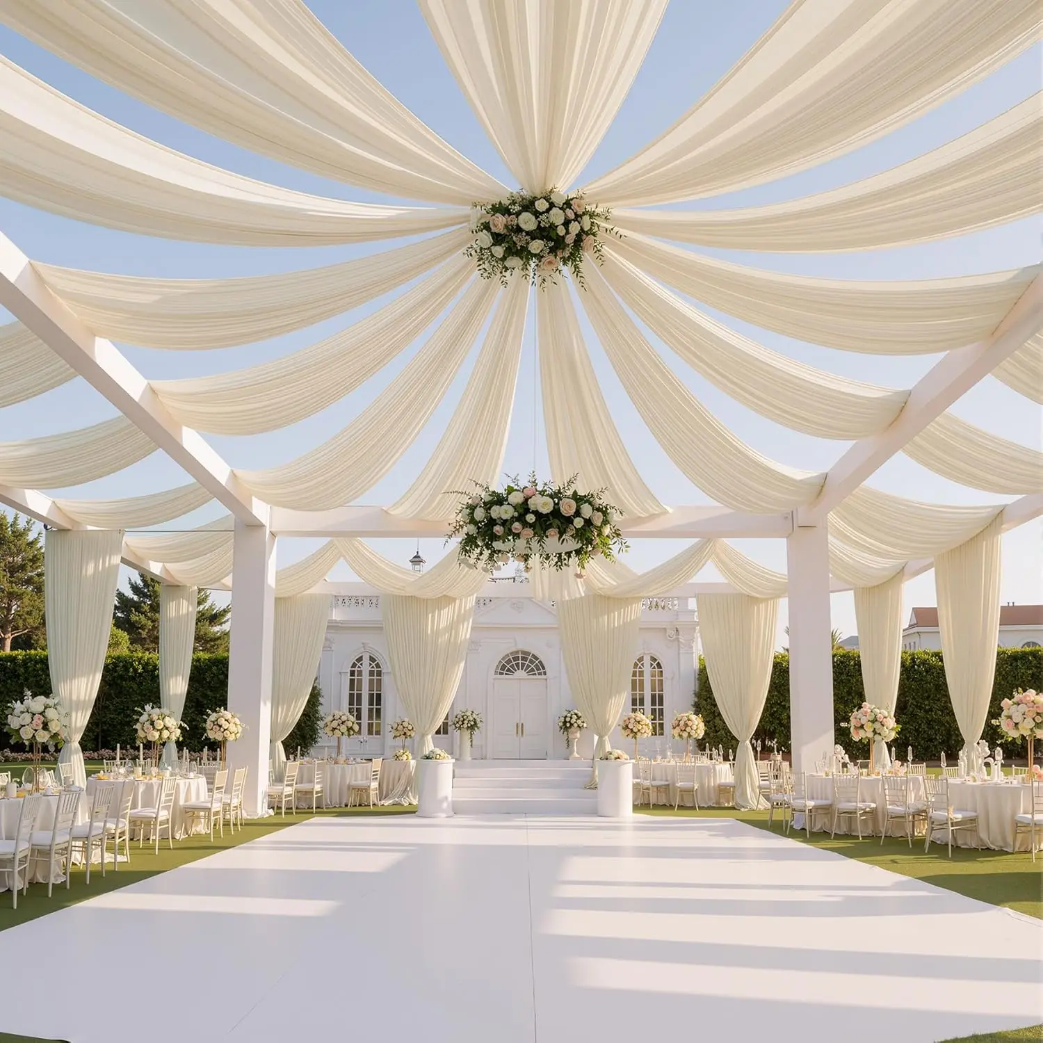 20ftx40ft Beige Ceiling Curtain for Wedding Parties - 4 Panels Wrinkle-Free 40 FT Long Tent Draping Curtains for Wedding, Birthday & Theme Parties, 40ft Height with Rod Pocket