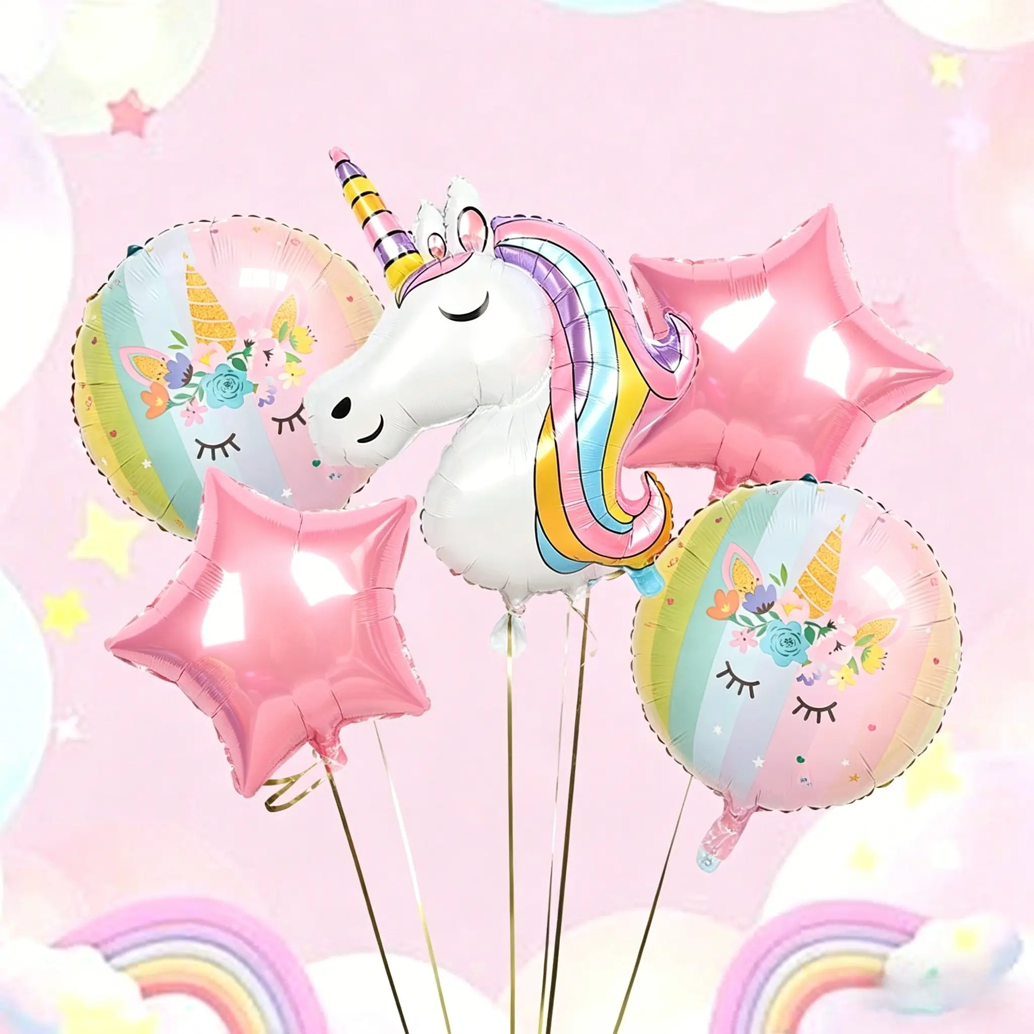 5Pcs Rainbow Unicorn Balloon Party Set, Macaron Unicorn Balloons, Star Balloons and 18 Inch Large Round Unicorn Balloons, Decorative Balloon Kit for Birthday Party Arch, Housewarming Celebration, Girls and Boys Birthday Scene Decor