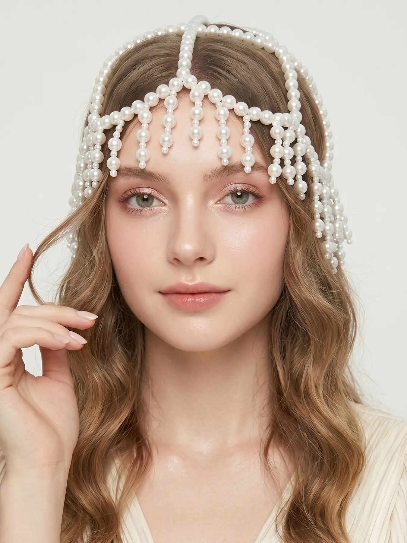 French Vintage Artificial Pearl Braided Tassel Headpiece, Bride Art Photography Stage Accessory, Bohemian Style Hair Hat
