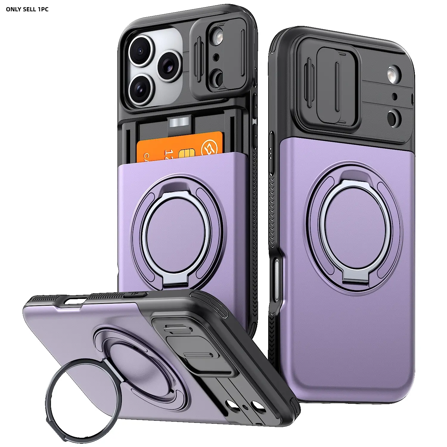 Heavy Duty Anti-Drop Hard Phone Case with Stand, Protective Smartphone Cover, Compatible with iPhone 17 Pro Max, 17, 16, 15, 14, 13, 12 Pro Max, Plus, 16e, 17e, XR, 7, 8, SE, Models, Featuring Sliding Camera Slot And Ring Stand