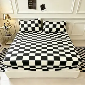 Classic black and white plaid printed fitted sheet set, bed sheet sets, 3-piece bedding set including 1 fitted sheet and 2 pillowcases, unfilled. Made of 100% polyester fabric, washable, modern minimalist household bedding