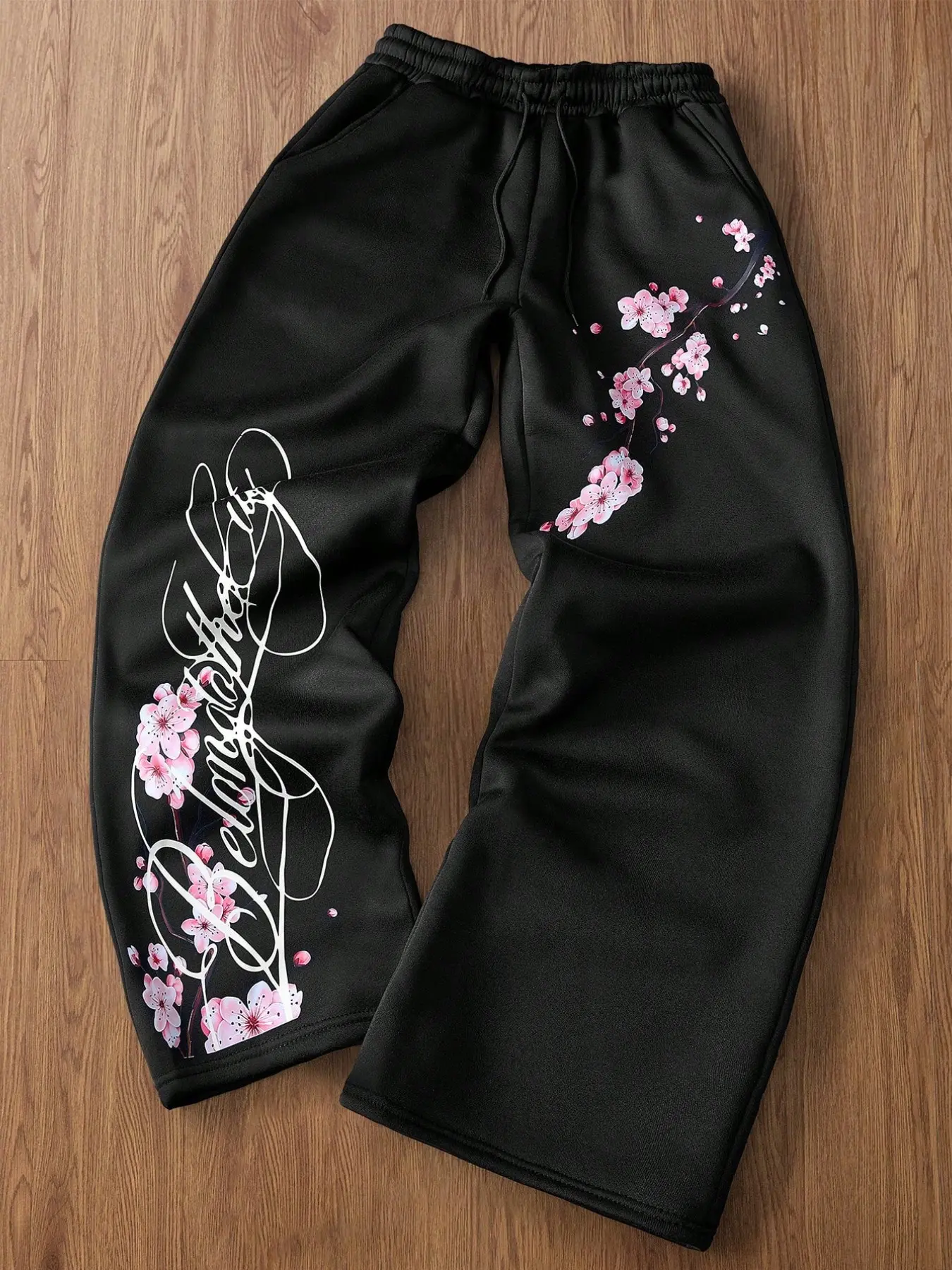 Y2K Aesthetic Baggy Sweatpants with Cherry Blossom Print • Streetwear & Casual Everyday School Outfits Wide Leg Joggers