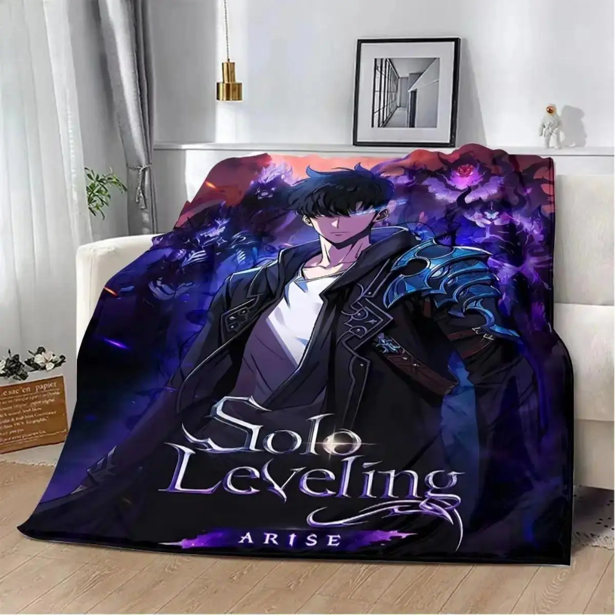 Solo Leveling Sung Jinwoo Shadow Monarch Character Print Soft Flannel Decorative Blanket - Cozy Warm Throw for Bedroom Couch, Ideal Gift for Anime Fans, Suitable for Picnic Travel, Soft Blankets, Anime Blankets