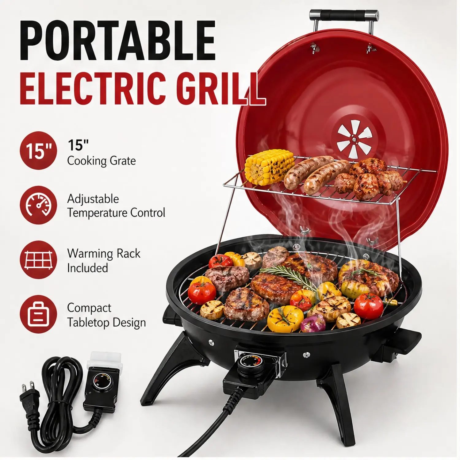1600W Red Portable Outdoor Electric Grill Adjustable Temperature Control Double Layer Cooking Surface Removable Tabletop Stove for Camping Indoor Outdoor