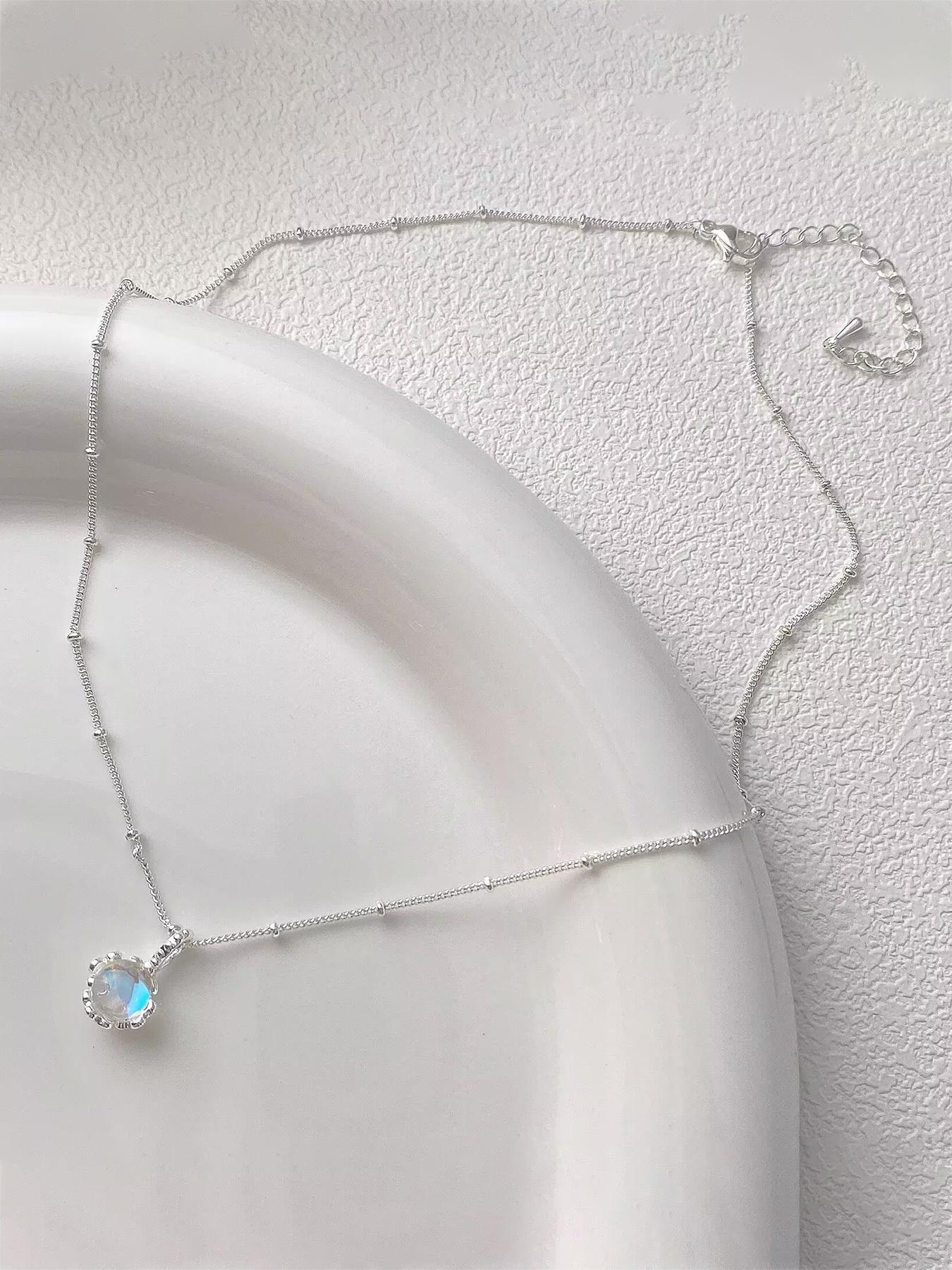 S925 Sterling Silver Moonstone Decor Pendant Necklace for Women, Fashion Jewelry for Party, Daily Clothing Decor, Trendy All-match & Exquisite Jewelry for Gift, Charm Necklaces