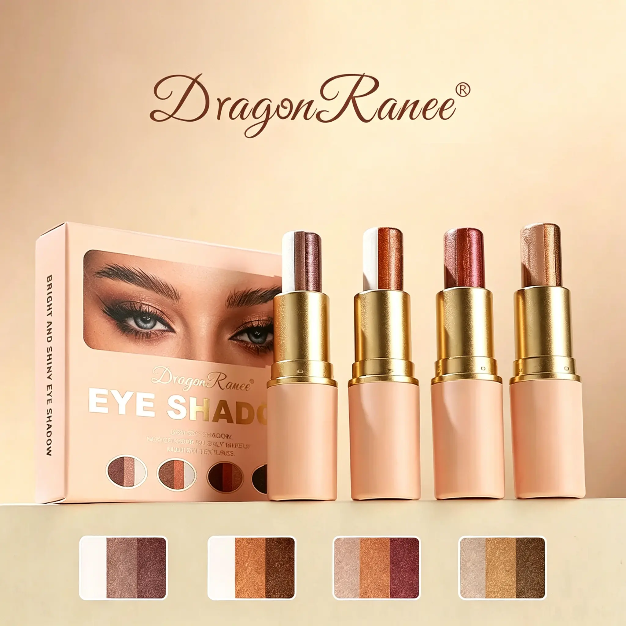 3-in-1 Dual Tone Cream Eyeshadow Stick, One Swipe Gradient Eye Makeup, Blendable Shimmery Cream Eye Shadow, Neutral Earth Tones, Portable Travel Eye Cosmetic For Makeup Beginners, Daily Office Makeup Use