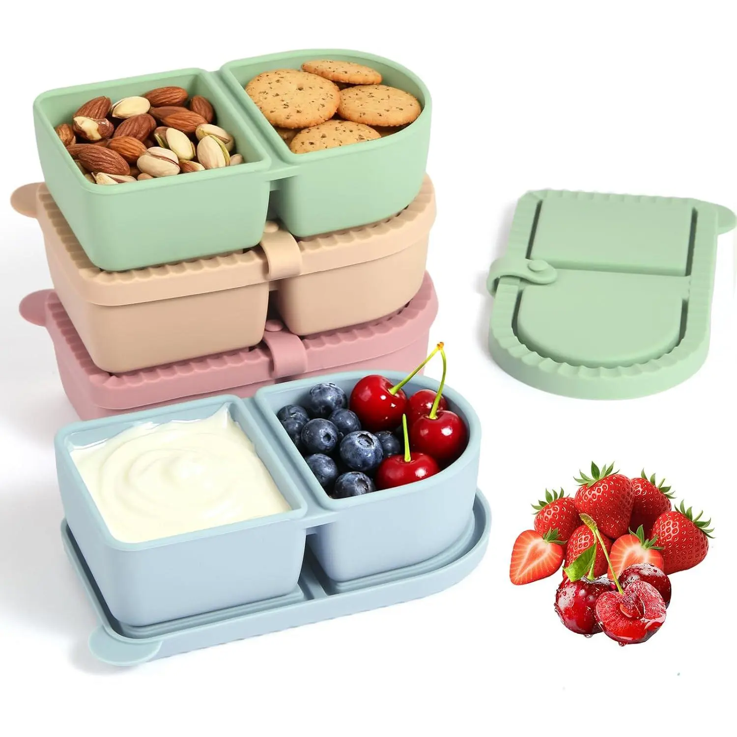 4 Pack   Snack Containers with  - Leakproof 8.5 oz 2 Compartment , Portable  Storage Box Snackle Condiment Salad Sauce Seasoning Small Snack Pack for School, Office, Picnic