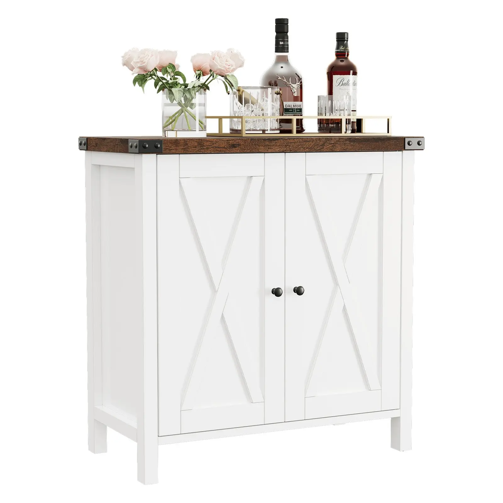 GARVEEFarmhouse Buffet Cabinet with Doors and Adjustable Shelves, MDF Wood Storage Sideboard for Entryway, Living Room, Dining Room, Available in White and Rustic Oak Finishes