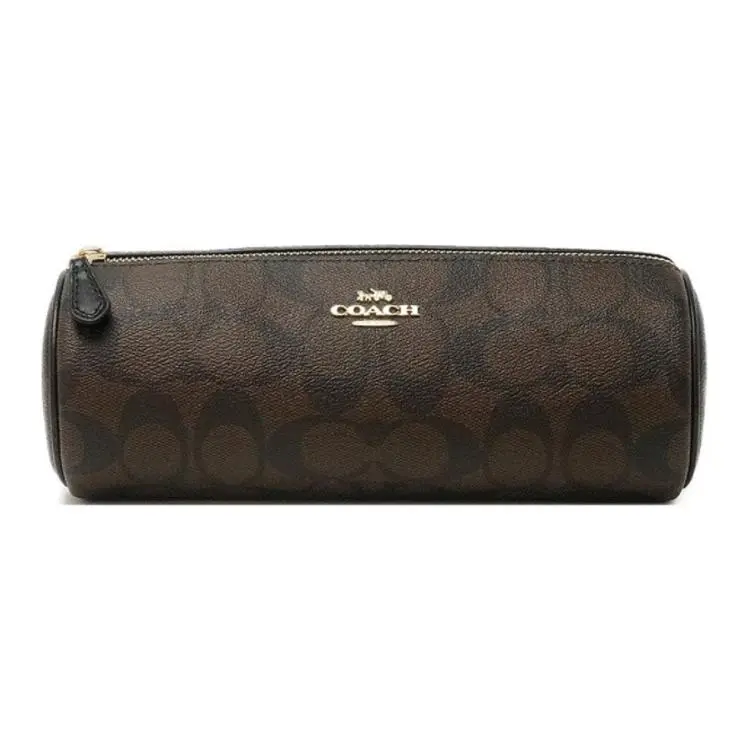 COACH Leather and PVC Cosmetic Pouch Handbag for Women, Pillow-Style, Medium Size, Dark Brown