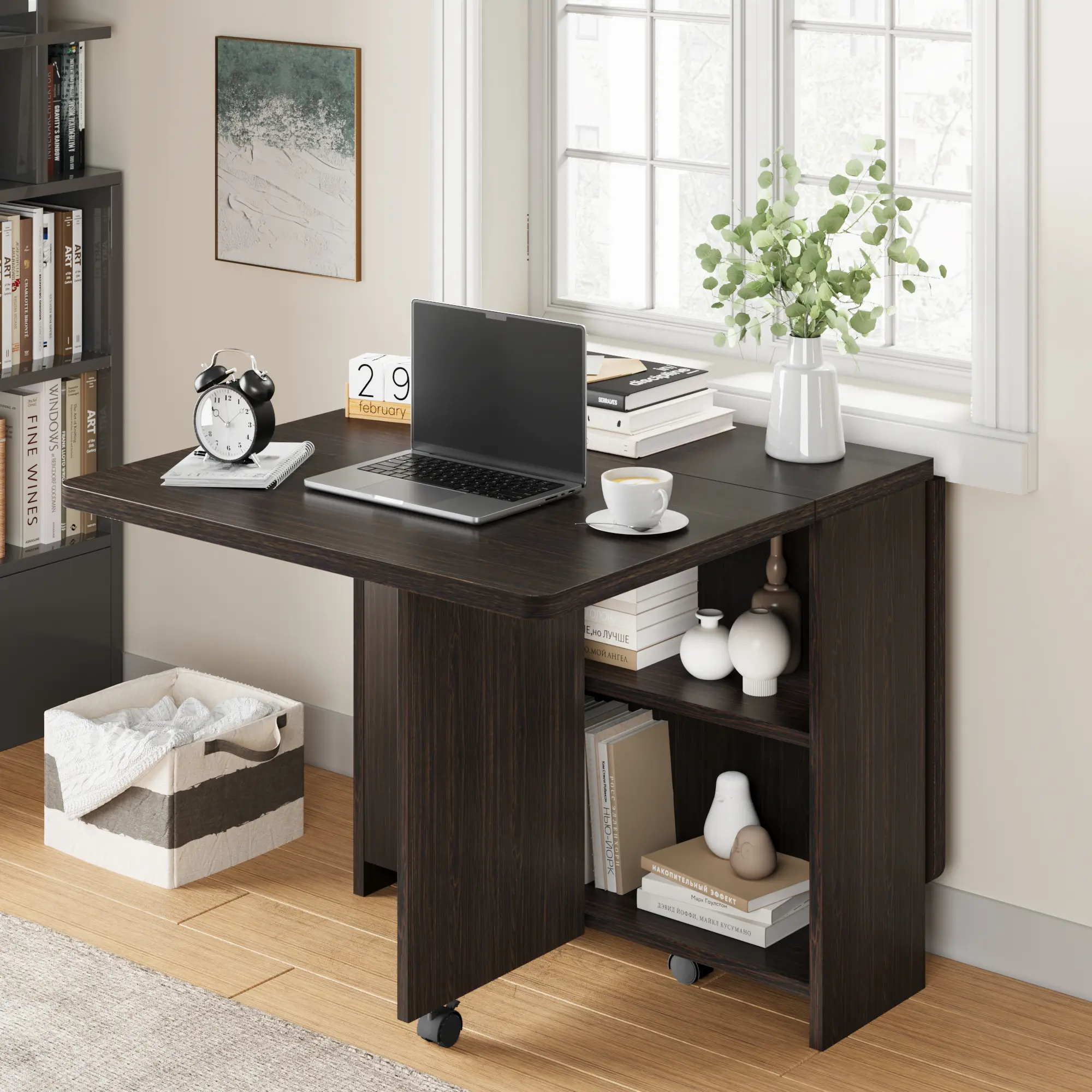 🍽️ Folding Dining Table with Drop Leaf & 2-Tier Storage – Space-Saving Collapsible Kitchen Table with 6 Rolling Wheels, Dark Walnut for Small Spaces! ✨