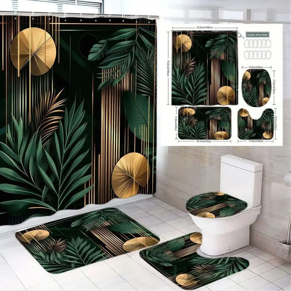 1/4pcs Tropical Modern Polyester Shower Curtain Set, Bathroom Decor Accessories - Dark Green with Golden Palm Leaves & Circles, 2 Bath Mats, Toilet Seat Cover, 15 Hooks - White Tile Aesthetic Set