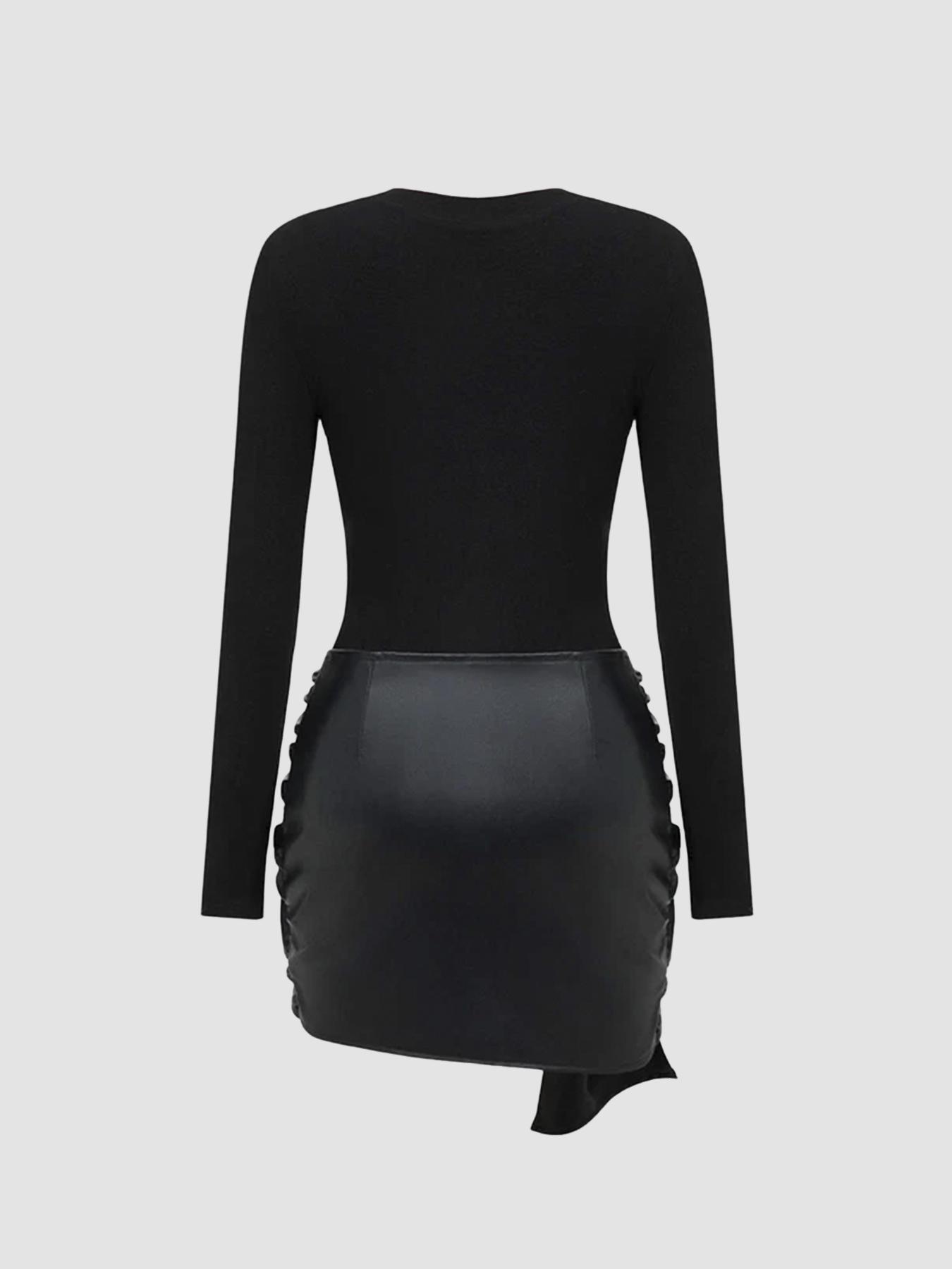 Women's patchwork knotted side ruched long-sleeved mini dress Casual Wear