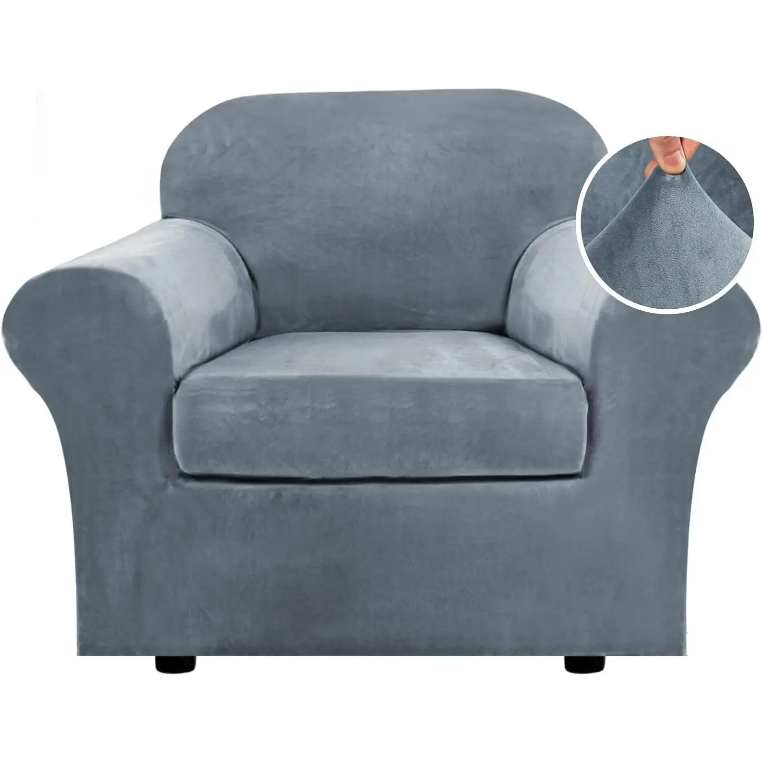 Rich Velvet Stretch 2 Piece Cover Chair Slipcover Sofa Cover Furniture Protector Couch Soft with Elastic Bottom Chair Couch Cover with Arms Width Up to 49 Inch(Chair, Stone Blue)