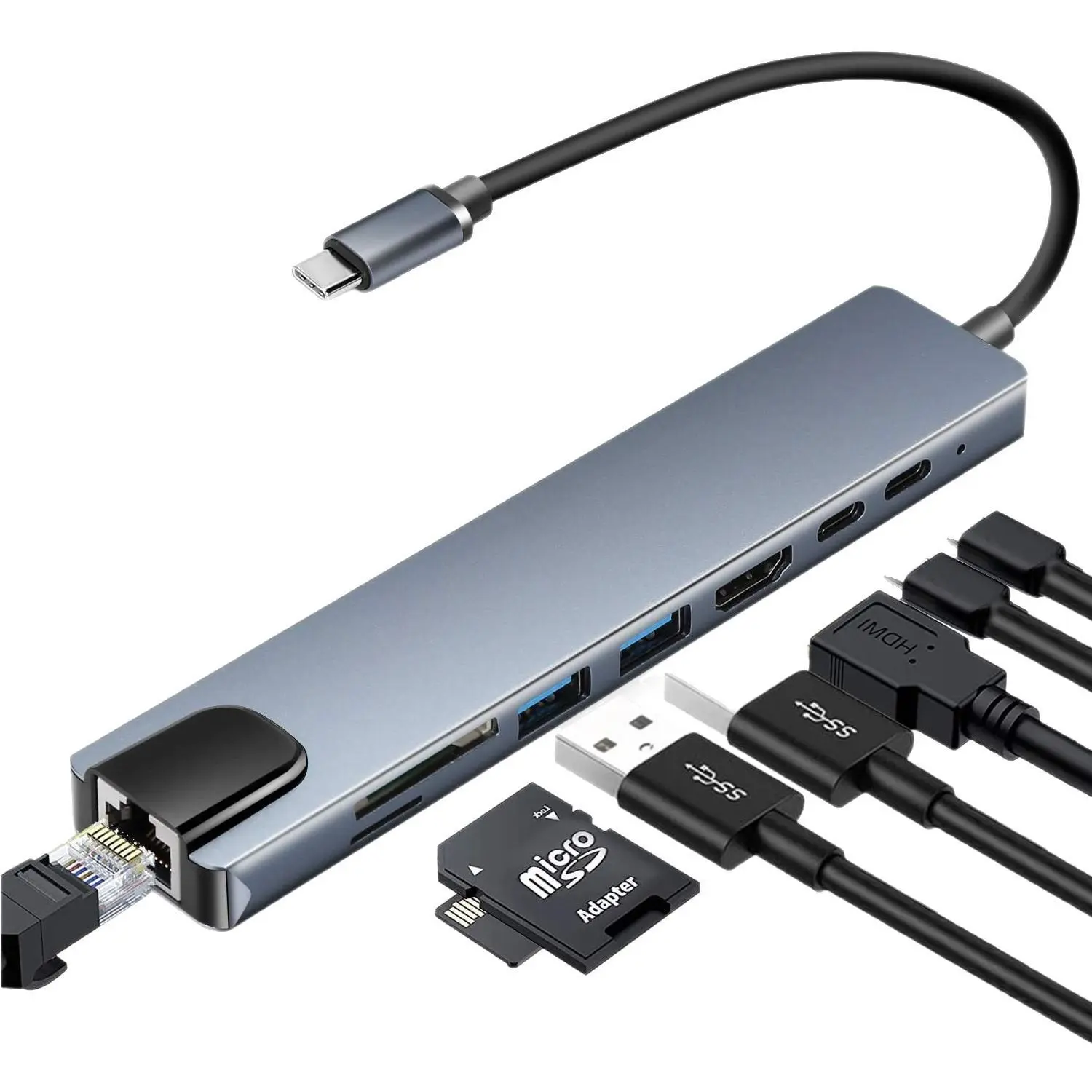 USB C Hub 8 In 1 Type C 3.1 To 4K HDTV Adapter with RJ45 100Mbps SD/TF Card Reader PD Fast Charge for MacBook Notebook Laptop Charging iPhone iPad Charger Kit Retractable Multi-Phone Car 100 wireless