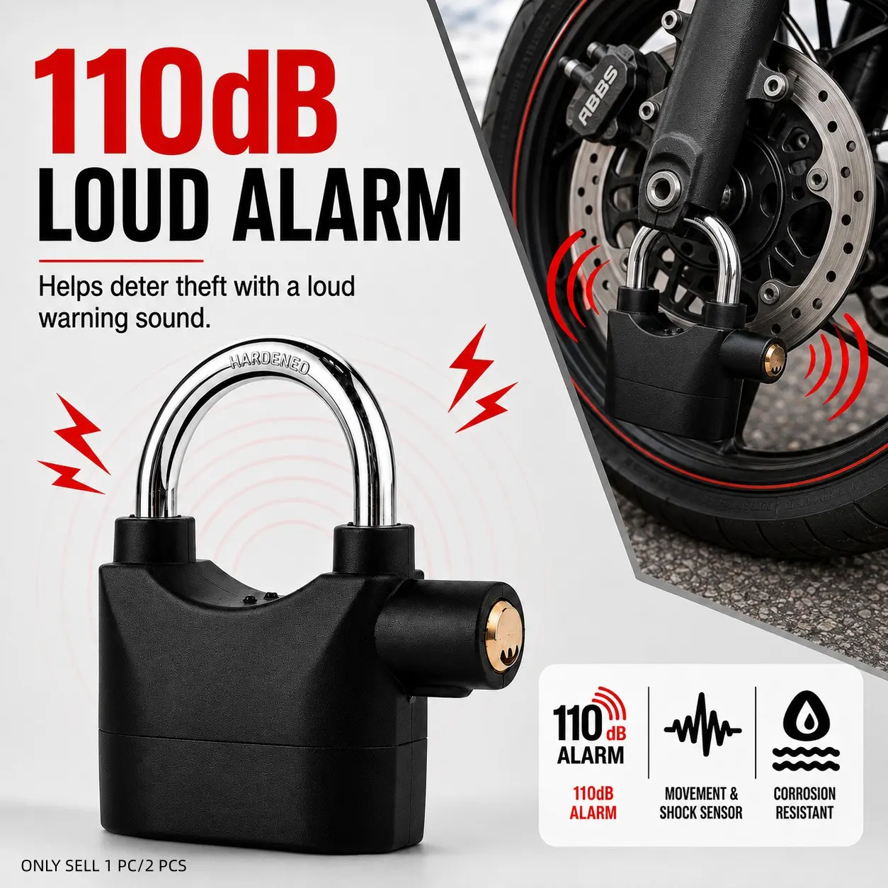 110dB Alarm Padlock, Heavy Duty Outdoor Anti-Theft Hanging Lock with 3 Keys, Security Lock for Garage, Fence, Gate, Shed, Storage Unit, Bike and Scooter