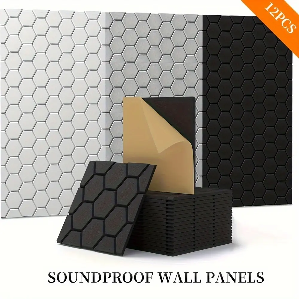 12-piece pack of self-adhesive honeycomb sound-absorbing panels, easy to install with self-adhesive backing, 12"×12"×0.4" size, high-density sound absorption and noise reduction, suitable for recording studios and home theater wall decoration.