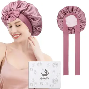 100% Mulberry Silk Bonnets Nightcap for Sleeping Fashion Women Natural Silk Pink Reversible Double Layer with Elastic Tie