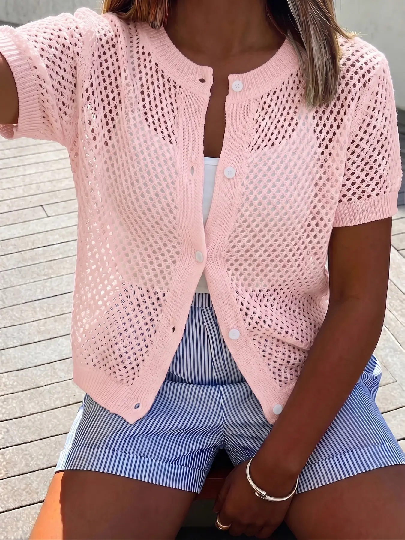 Women's Hollow Out Cardigan, Lightweight Short Sleeve Top, Casual Fitted Solid Pattern, Spring & Fall Fashion, Unlined Design