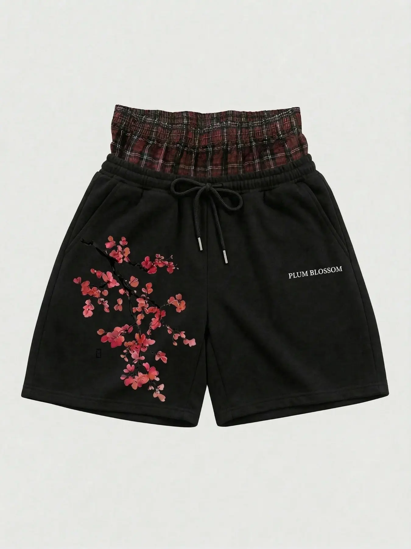 "Plum Blossom" Graphic Print Double-Waist Shorts | Unisex Plaid Waist Streetwear Sweat Shorts | Elastic Drawstring Loose Fit Casual Bottoms for Daily Wear, Street Style, Summer Outings & Relaxation, Trendy Japanese-Inspired Fashion for Men & Women
