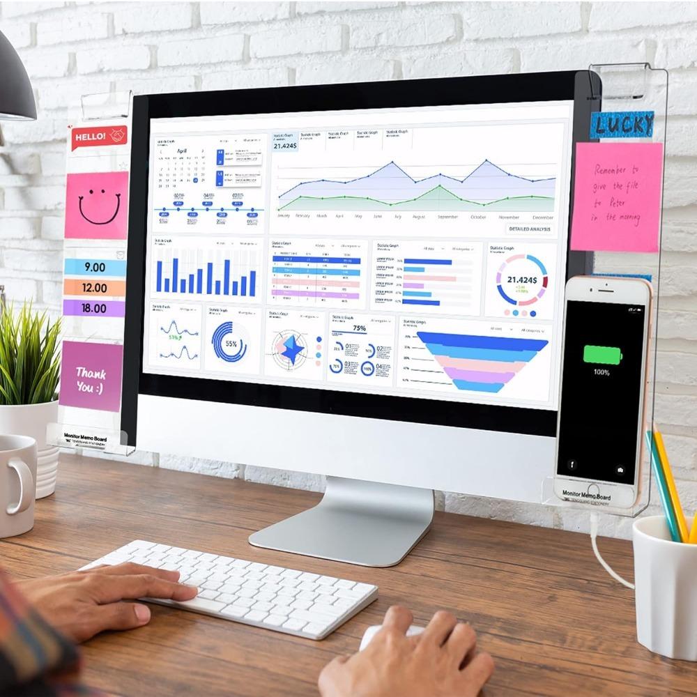 Computer Monitor Side Panel, 2 Counts Transparent Creative Monitor Side Panel with Sticky Note Holder, Desk Accessories for Home Office, Desk Organizer Tidy