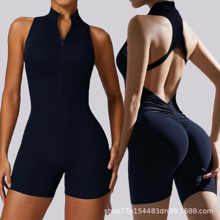 Popular cross-border European and American high-elasticity sports fitness zippered jumpsuit, naked-feel tight-fitting one-piece yoga outfit