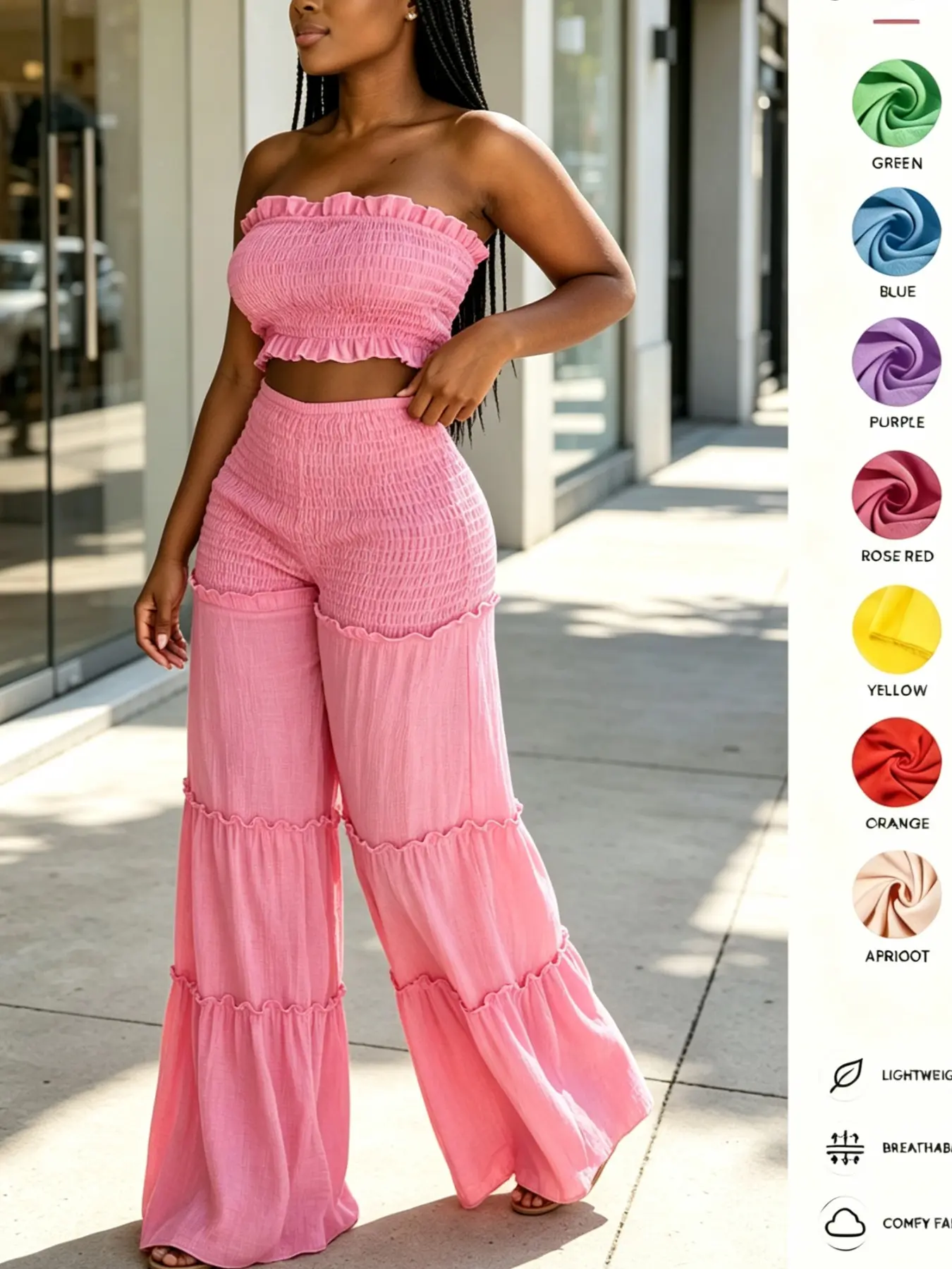 Women's 2-Piece Strapless Ruffle Wide Leg Pants Set, Lightweight Soft Fabric, High Waist Design, Perfect for Beach, Vacation, Summer Parties
