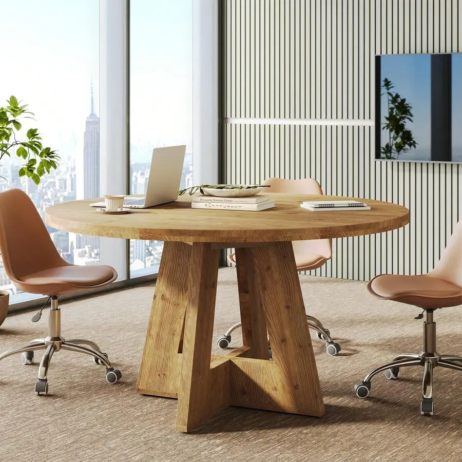 Solid Wood Round Conference Table, 47" Farmhouse Meeting Table With Sturdy Pedestal Base 4-6, Wood Office Table Small Space, Conference Room, Wood